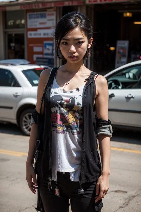 1 thai girl, standing,adult, slender, buzz cut, punk girl, mad max,(disheveled clothes:1.4),