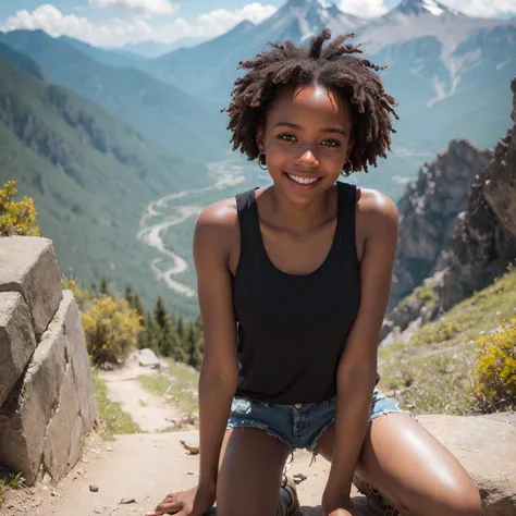 ((best quality)), ((masterpiece)), (detailed), wide angle, narrow sharpness on faces, depth of field, blurry background, young african girl, hiking, short rasta hair cut, minishort, loose black tank top, boots, smiling, mountain, beautiful lighting, sunny, mountain trail, partly cloudy