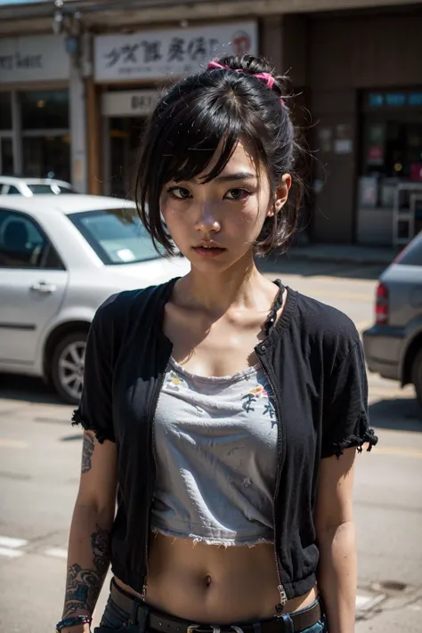 1 japanese girl, standing,adult, slender,  buzz cut, punk girl, mad max,(disheveled clothes:1.4),