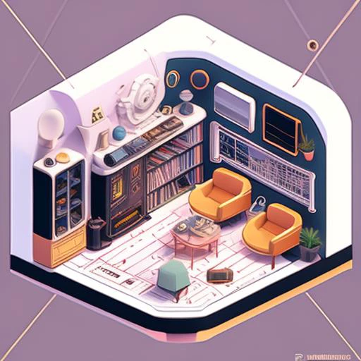 a photo of the large Isometric_Dreams,  and a fireplace in the middle,a computer generated image of a house with a library and a bed in the center of the house