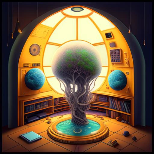 a rendition of the Isometric_Dreams,  with a lamp on a table,a painting of a tree inside a window with a view of a forest and a pond below it