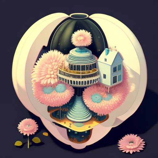 a photo of the small Isometric_Dreams, a futuristic flower with a city in the background and a black background with a white flower in the middle