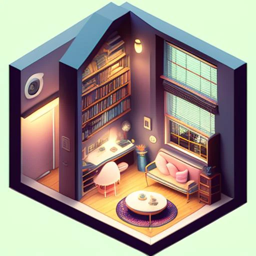a photo of a clean Isometric_Dreams, and a fireplace in the middle,a computer generated image of a house with a library and a bed in the center of the house