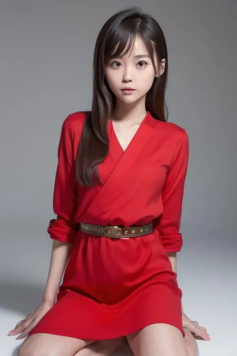 (((8K))),((perfect anatomy)),((hyperrealistic)),((highly detailed beautiful face and eyes)), ((professional photography lighting)),((4fingers and 1thumbs)),(ideal ratio body proportions:1.5),(smallness head:1.5),1girl ,20 yo,((Japanese idle (Japanese actress))),attractive face,slender,solo,face focus, wearing red dress, upper teeth <lora:concept_yokozuwari:1> yokozuwari, sitting ,simple background,from above