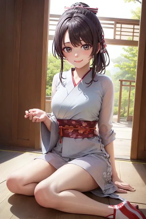 (masterpiece, best quality:1.2), <lora:concept_yokozuwari:1>, solo, 1girl, smile, looking at viewer, yokozuwari, sitting, ponytail, hairpin, japanese clothes, kimono, indoors