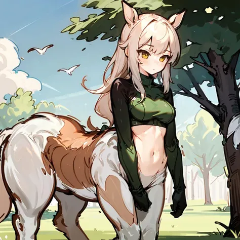 woman, white hair, centaur, topless, looking at viewer, in an open field, sensual expression, ahegao, green pastures, 4k, good anatomy