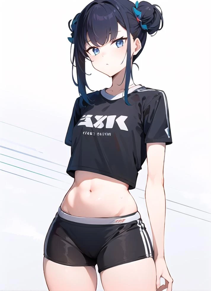 (masterpiece, best quality), intricate details, 8k, artstation, wallpaper, official art, splash art, sharp focus, 1girl, solo, glow, standing, cropped t shirt, athletic shorts, expressionless, lavender eyes, black hair in twin buns, messy hair, simple background, white background, pale skin, arms behind back, thighs, bare thighs,
<lora:homebrew_simao:1>
