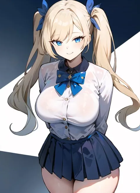 (masterpiece, best quality), intricate details, 8k, artstation, wallpaper, official art, splash art, sharp focus, 1girl, solo, glow, standing, long pleated navy skirt, white button down, seductive smile, bedroom_eyes, blue eyes, gradient eyes, blonde hair, twintails, simple background, white background, pale skin, arms behind back, thighs, bare thighs, large breasts, jewelry, 
 <lora:homebrew_simao:1>