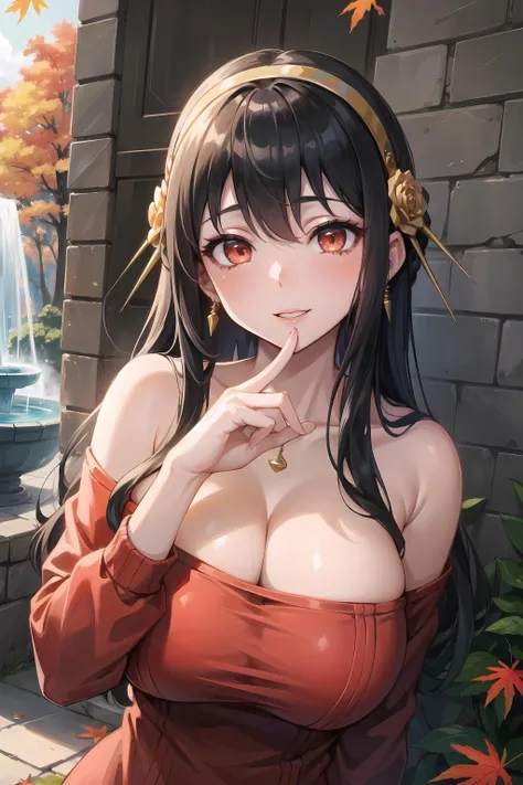 (masterpiece, best quality, glowing light, glistening, shiny skin, ultra detailed, detailed background, complex background),(perfect face, detailed face, detailed eyes,perfect hands,perfect fingers), (large boobs:1.2,smile),(mature female:1.4),cowboy shot,thicc,cleavage,
yor,long hair,((gradient hair)),multicolored eyes, gradient eyes, (glowing eyes:1.5), mascara, (fashion make up), parted lips, hairband, jewelry, earrings, hair ornament, hair flower, flower, gold hairband,sweater, red sweater,off-shoulder sweater,half-closed eyes,
((park, fountain, leaves in the air, wall, autumn, trees)),((super detailed background)), dynamic poses, ((8k wallpaper)), <lora:yor-08:1>