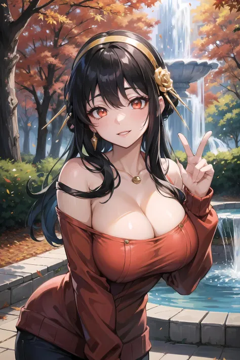 (masterpiece, best quality, glowing light, glistening, shiny skin, ultra detailed, detailed background, complex background),(perfect face, detailed face, detailed eyes,perfect hands,perfect fingers), (large boobs:1.2,smile),(mature female:1.4),cowboy shot,thicc,cleavage,
yor,long hair,((gradient hair)),multicolored eyes, gradient eyes, (glowing eyes:1.5), mascara, (fashion make up), parted lips, hairband, jewelry, earrings, hair ornament, hair flower, flower, gold hairband,sweater, red sweater,off-shoulder sweater,half-closed eyes,
((park, fountain, leaves in the air, wall, autumn, trees)),((super detailed background)), dynamic poses, ((8k wallpaper)), <lora:yor-08:1>