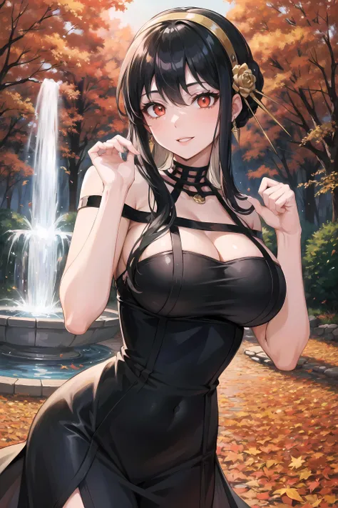 (masterpiece, best quality, glowing light, glistening, shiny skin, ultra detailed, detailed background, complex background),(perfect face, detailed face, detailed eyes,perfect hands,perfect fingers), (large boobs:1.2,smile),(mature female:1.4),cowboy shot,thicc,
yor,long hair,((gradient hair)),multicolored eyes, gradient eyes, (glowing eyes:1.5), mascara, (fashion make up), parted lips, hairband, jewelry, earrings, hair ornament, hair flower, flower, gold hairband,dress, black dress,
((park, fountain, leaves in the air, wall, autumn, trees)),((super detailed background)), dynamic poses, ((8k wallpaper)), <lora:yor-08:1>
