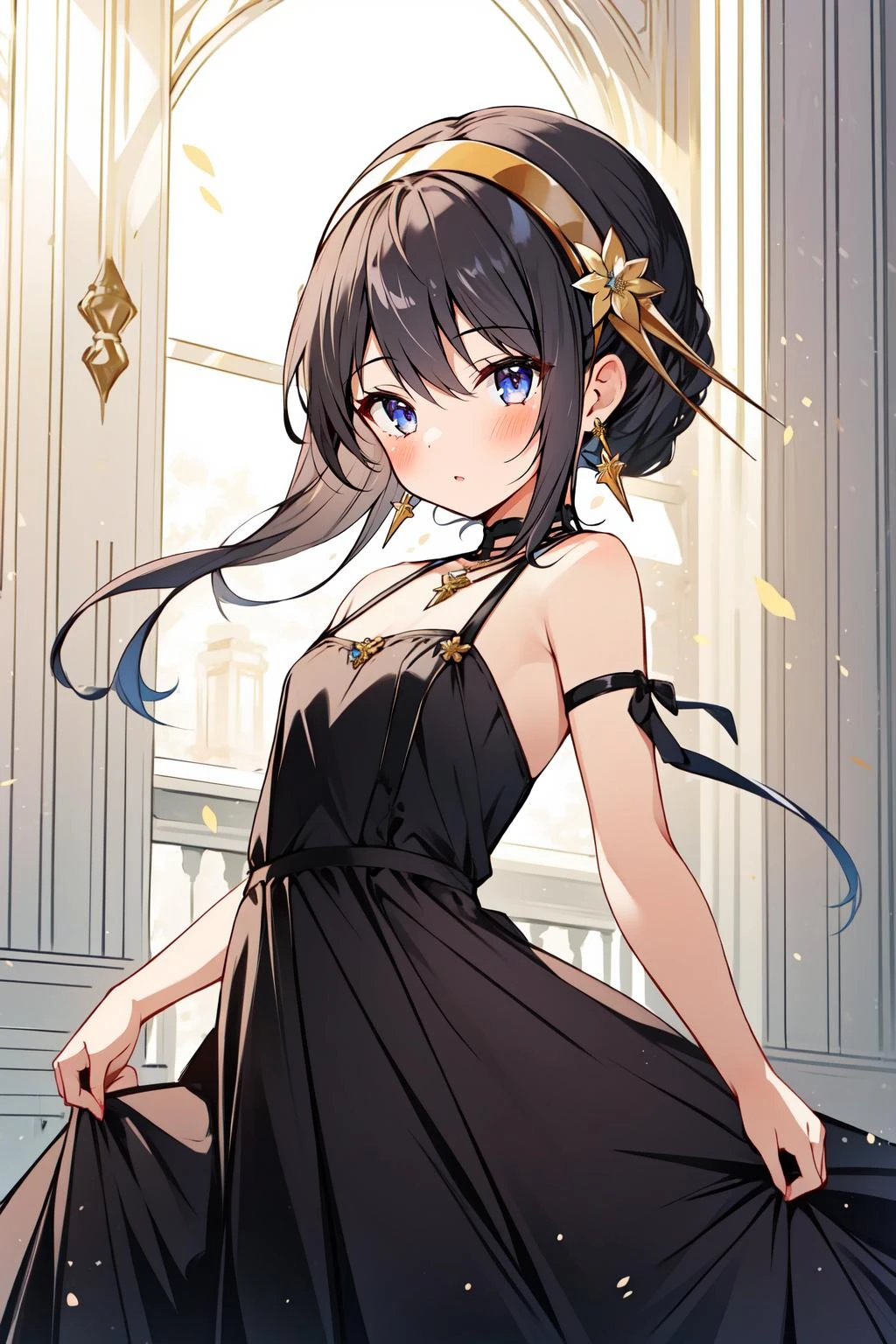 (masterpiece, best quality), intricate details,
1girl, <lora:yor-08:0.8> hairband, jewelry, earrings, hair ornament, hair flower, flower, gold hairband, dress, black dress,, yor,
small breasts, flat chest,
