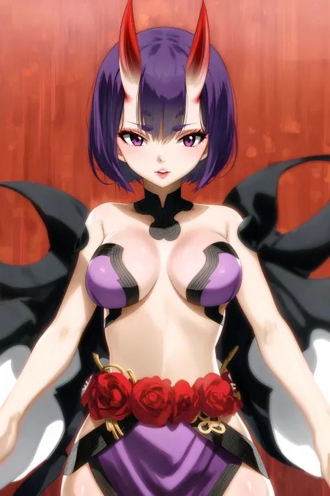 1girl,shiny skin,gaston18,shuten douji \(fate\), oni horns, bob cut,purple hair,short hair