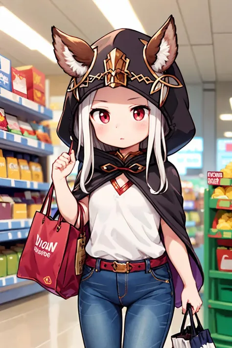 <lora:scathacha:1.0>scathacha,hooded cloak, ears through headwear,
open collar shirt jeans pants grocery bag