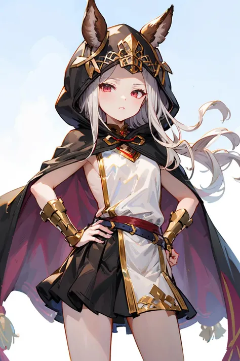 <lora:scathacha:0.8>ears through headwear, hooded cloak,
scathacha,sideless outfit, black skirt, vambraces,
fantasy, wind,hand on hip