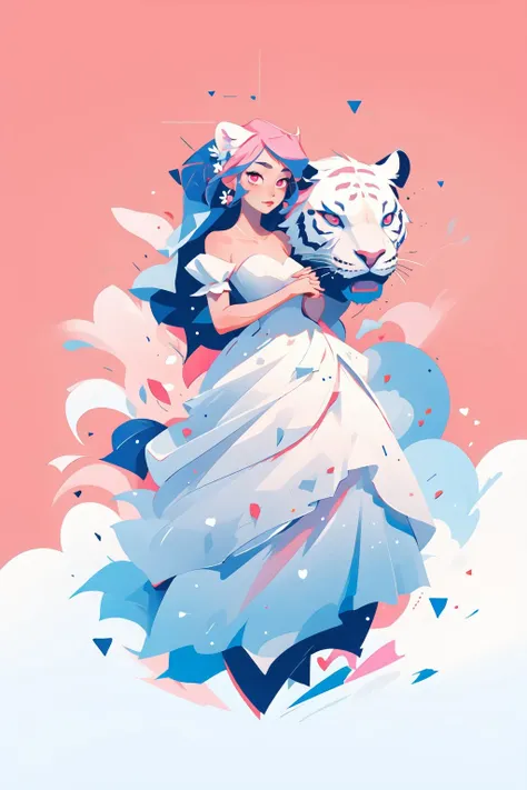 1girl, (masterpiece:1.2), (best quality, highest quality), ultra-detailed, intricate detail, absurdres,  <lora:flat_illustration:1.0>, flowers, pink eyes, wedding dress, white tiger ears