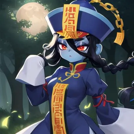 Masterpiece, highest Quality, Highest Resolution, perfect detailed modern anime style, anime lighting, detailed background, detailed, Sauda, 1girl, blue eyes, solo, long hair, black hair, long sleeves, hat, dress, braid, gradient, sleeves past wrists, blue dress, colored skin, chain, chinese clothes, half-closed eyes, blue headwear, sleeves past fingers, colored sclera, braided ponytail, ofuda, blue skin, jiangshi, yellow sclera, qing guanmao, adult, medium breasts, in graveyard, foggy, thighs, 1tail. bats in the background, dead trees,