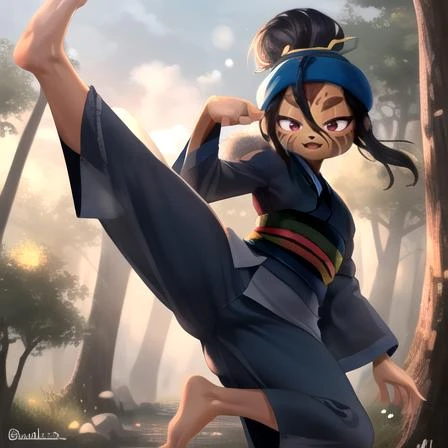 Masterpiece, highest Quality, Highest Resolution, perfect modern anime style, anime lighting, detailed background, Sauda, 1girl, solo, black hair, red eyes, long sleeves, full body, sidelocks, japanese clothes, barefoot, kimono, sash, headband, obi, furry, furry female, blue kimono, short kimono, body fur, blue headband, brown fur, brown skin, feminine, facial mark, eyes-half closed, jump kick, kicking, jumping, kicking while in air, forest setting,