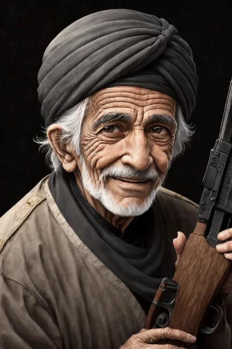 close-up photo portrait of a 80 yo aged Arab man, short grey hair, beard, black eyes, joyful face expression, turban, holding ak-47, military, simple background