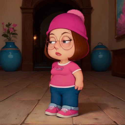 ((masterpiece, best quality)),(complex light), 1girl, solo, meg griffin, blue jeans, pink shirt, pink beanie <lora:megGriffin_v10:0.6>