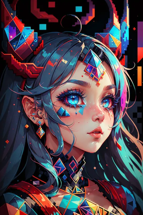 (pixel_art:1.3), (geometric:1.5), (impressionist:1.2), (detailed1.5), (fascinating:1.6), (depressing:1.6), beautiful, (cute), playful, (colorful:1.4), elegant, enticing, detailed_face, detailed_eyes, (color_palette:crimson:1.1), (color_palette:cerulean), horns, claws, enchanted_weapon