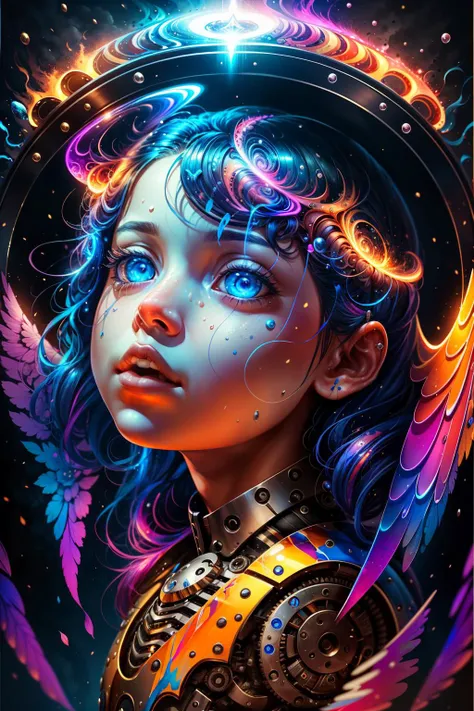 (AS-Young:1), (realistic:1.2), (detailed:1.5), (Acrylic) detailed background, 1girl, (mechanical halo:1.2), (mechanical wings1.2), (high contrast), (lighting:1.5), (surreal:1.6), (dynamic:1.4), eerie, twisted, disturbing, (colorful:1.6), lasers, explosion, (color_palette:red:1.2)