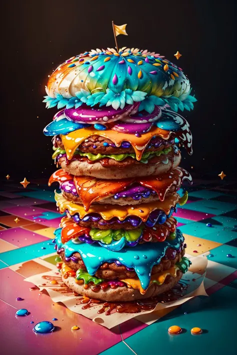 a delicious hamburger, (detailed:1.6), (colorful:1.3), (graceful:1.3), (unique:1.3), (dynamic:1.2), (fascinating:1.4), (gorgeous:1.4), (extravagant:1.6), (enticing:1.5), (elegant:1.3), vibrant, (enthralling:1.2), (breathtaking:1.4), (cute:1.5), (color_palette:ruby:1.1), (color_palette:turquoise)