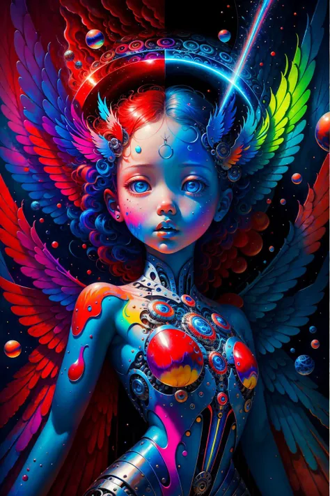 (As-Younger:0.2), (realistic:1.2), (detailed:1.5) detailed background, 1girl, (ethereal:1.3), (mechanical halo:1.4, (mechanical wings1.2), (contrasting_colors), (surreal:1.8), (dynamic:1.6), eerie, (stunning:1.4), (disturbing), (colorful:1.6), lasers, explosion, (high_contrast), (color_palette:red:1.2)