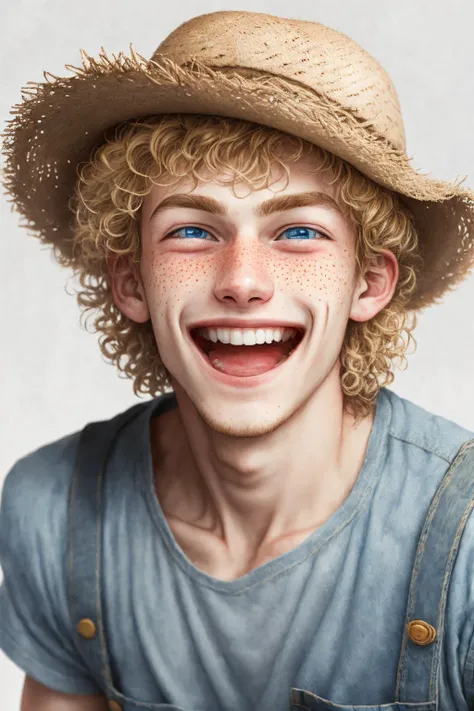 close-up photo portrait of a 20 yo european man, blond short curly hair, blue eyes, laughing face expression, freckles, denim overall, t-shirt, straw hat, farmer, simple background