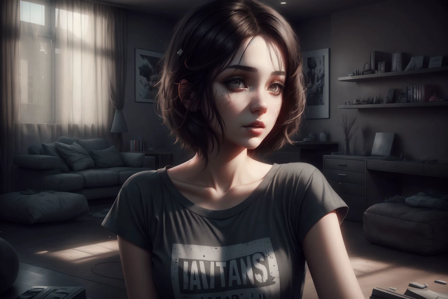 beautiful, pretty brunette, short hairs,
(eye shadow:0.25),
tee shirt,
living room,
3d, realistic, daylight, vibrant color, skin textured, ssao, high resolution, high quality
<lora:xsarchitectural-11Fantasy architecture:1>
<lora:add_detail:0.5>