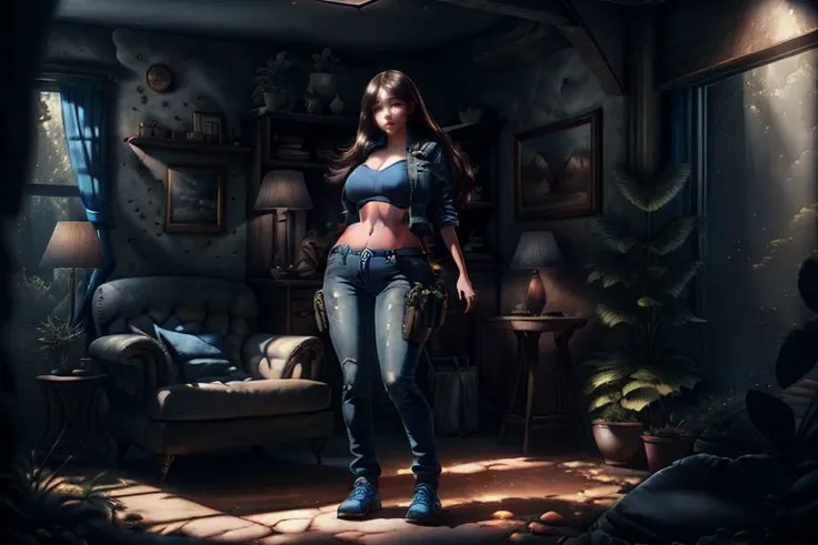 best quality, realistic, 3d, depth of field, godray, backlighting, sunlight, rim lighting subsurface scattering, solo, (full body:1.6), chubby,  brunette long hairs, pretty face, ((small breasts)), (belly:0.55),  (wide hips, big ass, heart shaped ass), trekking shoes, blue jean pants, leather belt, (blue jean vest), living room, <lora:add_detail:0.5> <lora:xsarchitectural-11Fantasy architecture:1>