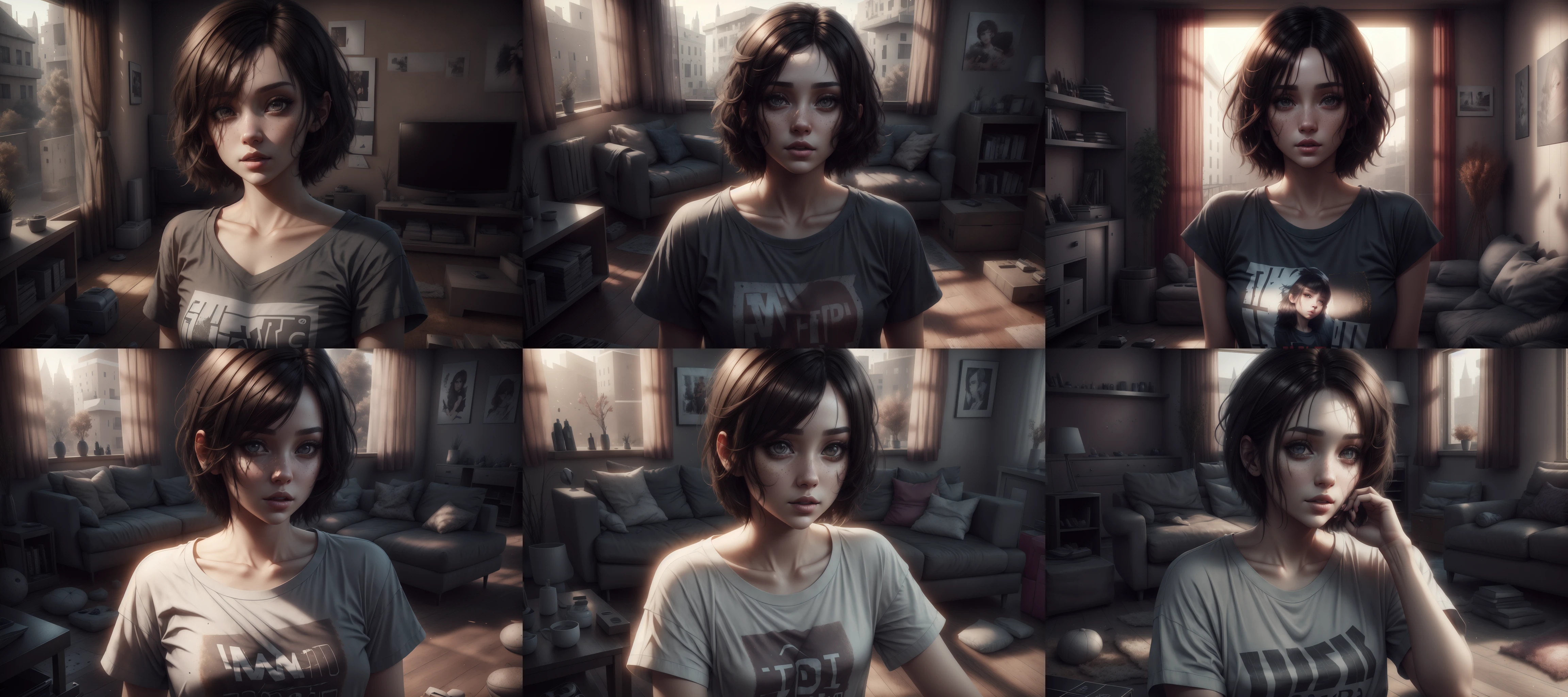 beautiful, pretty brunette, short hairs,
(eye shadow:0.25),
tee shirt,
living room,
3d, realistic, daylight, vibrant color, skin textured, ssao, high resolution, high quality
<lora:xsarchitectural-11Fantasy architecture:1>
<lora:add_detail:0.5>