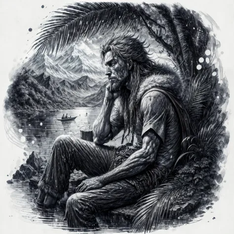 RAW photo, 8k uhd, Analog style, (Masterpiece, Best Quality, Highres:1.3), dramatic, cinematic, BREAK,
(intricate:1.3) (etched lineart:1.3) (engraving:1.4) (illustration:1.2) by (J. J. Grandville:1.4) of male (Robinson Crusoe:1.2) (sitting:1.1) and (looking:1.1) at sea, (from side:1.1), long hair beard, (wild:1.1) (fur clothes:1.2), (pants:1.1), dirty, ((palms:1.1), (mountain:1.05), (shore:1.1), sea, jungle:1.25), (wrecked sailboat:1.15), (white background, (black and white:1.05), grayscale, classicism:1.2), (hyperdetailed, absurdres, sketch:1.1), BREAK,
<lora:more_details:0.97>