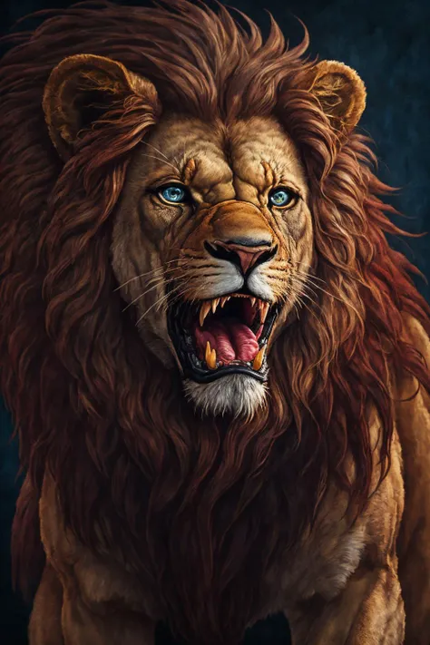 close-up photo portrait of a great red lion, blue eyes, very long lion's mane, roaring, open mouth, fangs, animal, no humans, simple background