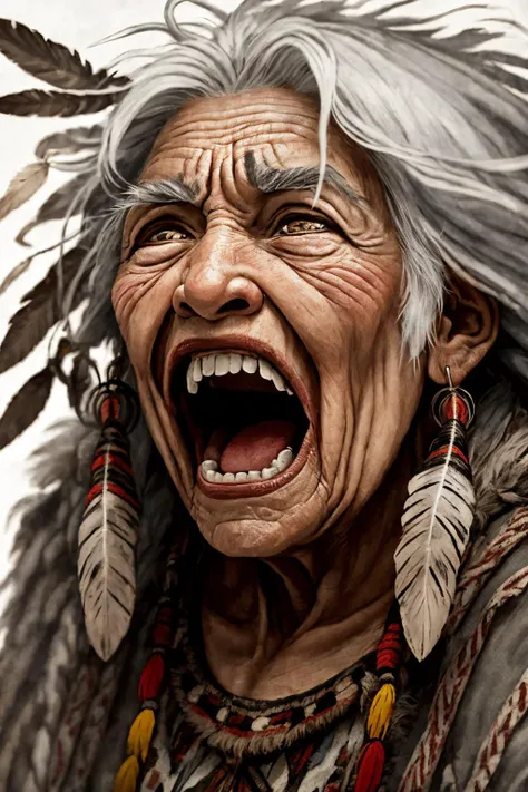 close-up photo portrait of a 100 yo old native american woman, grey hair, brown eyes, screaming face expression, twin braids, warbonnet, feathers, tribal, simple background