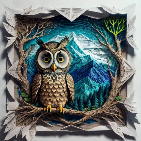 RAW photo, 8k uhd, Analog style, (Masterpiece, Best Quality, Highres:1.3), dramatic, cinematic, (paper-cut craft:1.3), BREAK,
intricate (paper-cut craft:1.4) of mysterious intricate ornamented (owl:1.4), (beige square photo-frame:0.7), circle mask, (forest, mountain:1.3), (winter, moon:0.5), (green, blue, brown, white:1.1), (black, gold:0.8), (paper-cut craft, colorful, layers, flat, fabulous, children's book:1.2), cardboard, bronze, (hyperdetailed, absurdres:1.1), BREAK,
<lora:more_details:0.1>