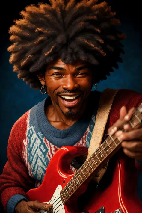 close-up photo portrait of a 45 yo african man, black afro hair, stubble, brown eyes, excited face expression, singing, red bass guitar, blue sweater, black bluesman, simple background
