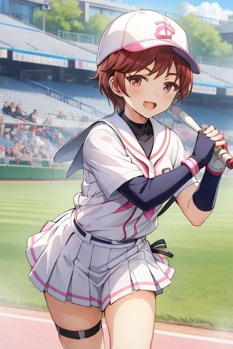 senba,baseball_uniform,white baseball_uniform,pink vertical-striped,pleated skirt,<lora:0849Hsenba-000040:1>,bike shorts,catcher,