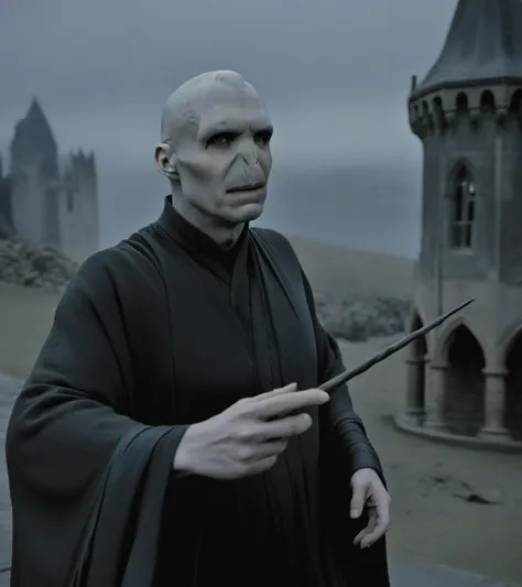CLOSE UP PORTRAIT OF LORDVOLDEMORT a WEARING A ROBE, foggy, holding a magic wand, myst, long cape, walking, a castle, hoqwarst school, debris, pillars, , mystic,, wind, epic , sweater, short pants, , , , looking away, strong shadows, posing for the camera , pointing at viewer, <lora:LORDVOLDEMORT-000002:0.9>