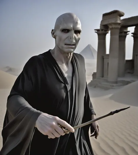CLOSE UP PORTRAIT OF LORDVOLDEMORT  with a WEARING A ROBE  foggy,  holding a magic wand, myst, long cape,  walking, desert clothing,  in a desert with dunes and eyptian ruins, pillars,  , mystic,, wind, epic  , sweater,  short pants, , , , looking away,  strong shadows, posing for the camera   , pointing at viewer, <lora:LORDVOLDEMORT-000002:0.9>