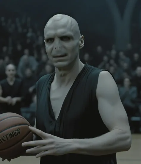 PORTRAIT OF LORDVOLDEMORT,   <lora:LORDVOLDEMORT-000002:0.9>  playing basketball,  cinematic film still a photo of is playing basketball,8k,[best quality],masterpiece,ultra-fine