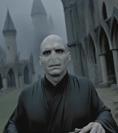 CLOSE UP PORTRAIT OF LORDVOLDEMORT a WEARING A ROBE, foggy, holding a magic wand, myst, long cape, walking, a castle, hoqwarst school, debris, pillars, , mystic,, wind, epic , sweater, short pants, , , , looking away, strong shadows, posing for the camera , pointing at viewer, <lora:LORDVOLDEMORT-000002:0.9>