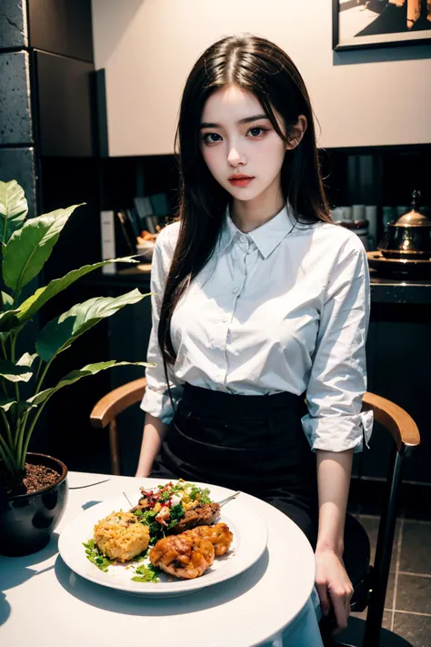 1girl, a woman in white shirt sitting at a table with a plate of food in front of her and a potted plant in the background, Bian Jingzhao, beautifully lit, a stock photo, art photography,