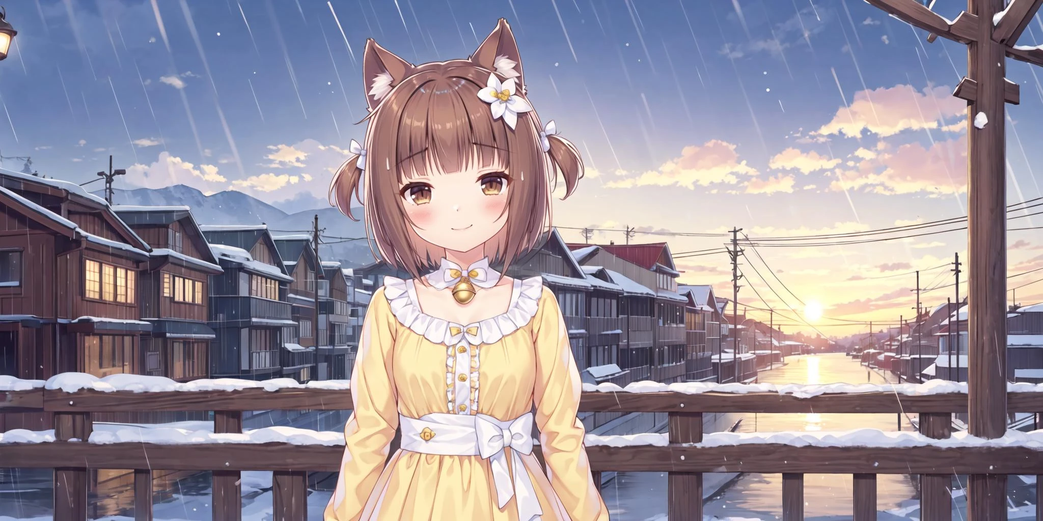 <lora:super-azuki-update-RHsu-ver4:0.65>,1girl,solo,cat ears, cat tail, cat girl, brown hair, brown eyes, small breasts, looking at viewer, jingle bell, neck bell, short hair, two side up,
1bow, ^_^,(flower rain:1.2)ï¼ blush, hair ribbon, hair bow, yellow bow
sunset,light sun,1girl, animal ears, solo, open eyes, long hair, , cat ears,, bangs, bow, cat girl, hair bow, outdoors, blush, animal ear fluff, closed mouth, striped bow, smile, facing viewer, sky, purple bow, cloud, upper body,yellow dress, dress, long sleeves, striped, sunset, frills, blunt bangs, center frills, power lines, brooch, sun, day, building, cloudy sky, sunrise, jewelry, blue sky, utility pole, railing, virtual youtuber, shirt, bridge, small breasts,raised, architecture, frilled dress, house, breasts, gem, lamppost, sidelocks, water, snow, mountain, town, flat chest, east asian architecture, standing