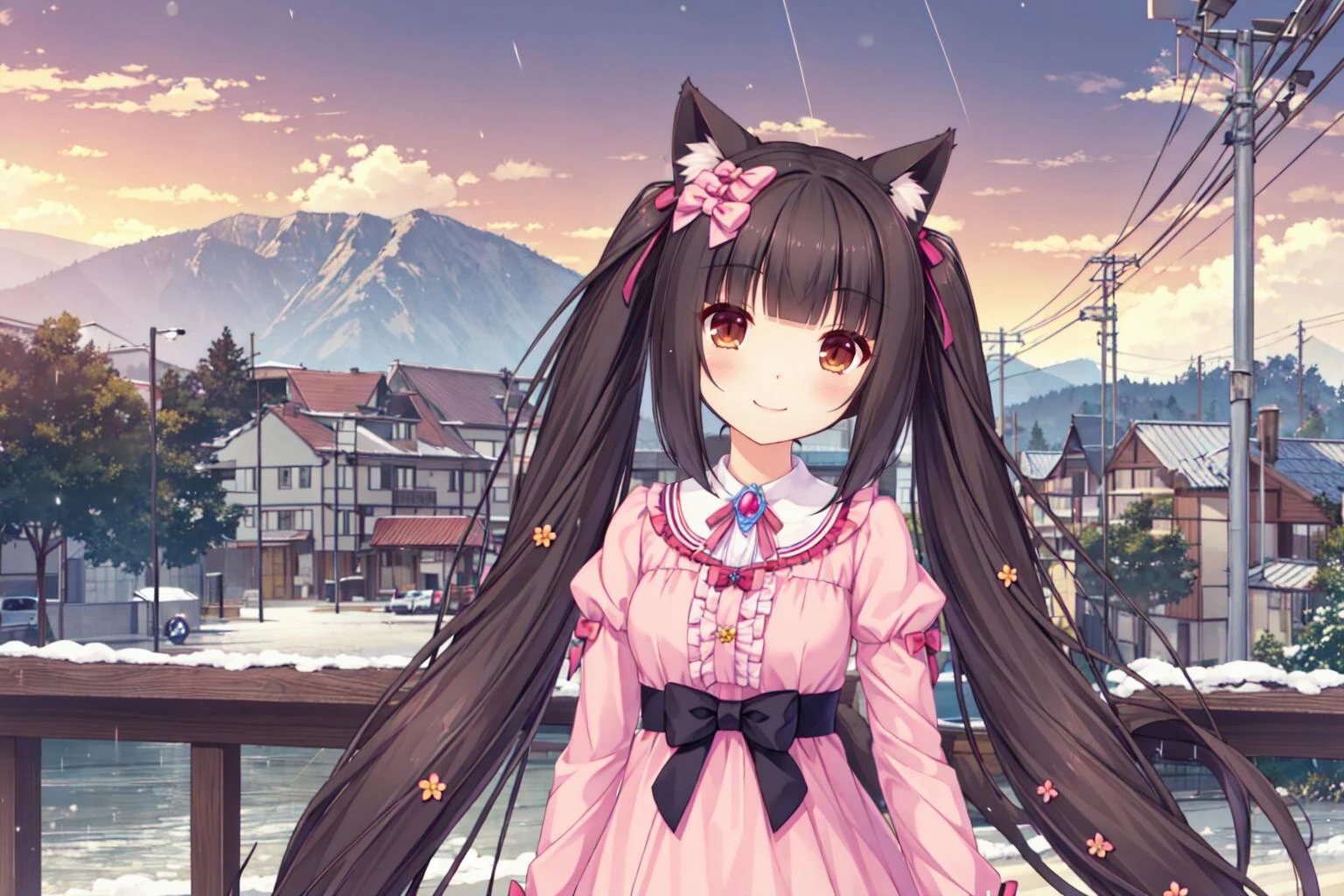 <lora:super-choko-Gnsurh-v1:0.8>,choko,xiangcao, brown eyes, 1girl, animal ears, tail, cat ears, cat tail, brown eyes, long hair, solo, smile, twintails, ribbon, very long hair, black hair, bow, ^_^,(flower rain:1.2)ï¼ blush, hair ribbon, low twintails, hair bow, sunset,light sun,1girl, animal ears, solo, open eyes, long hair, , cat ears, twintails, bangs, bow, cat girl, hair bow, outdoors, blush, animal ear fluff, closed mouth, brown hair, striped bow, low twintails, very long hair, smile, facing viewer, sky, blue bow, cloud, upper body, pink dress, dress, long sleeves, striped, sunset, frills, blunt bangs, center frills, power lines, brooch, sun, day, building, cloudy sky, sunrise, jewelry, blue sky, utility pole, railing, virtual youtuber, shirt, bridge, small breasts,raised, architecture, frilled dress, house, breasts, twitter username, gem, lamppost, sidelocks, water, snow, mountain, town, flat chest, east asian architecture, standing,,flower_sea