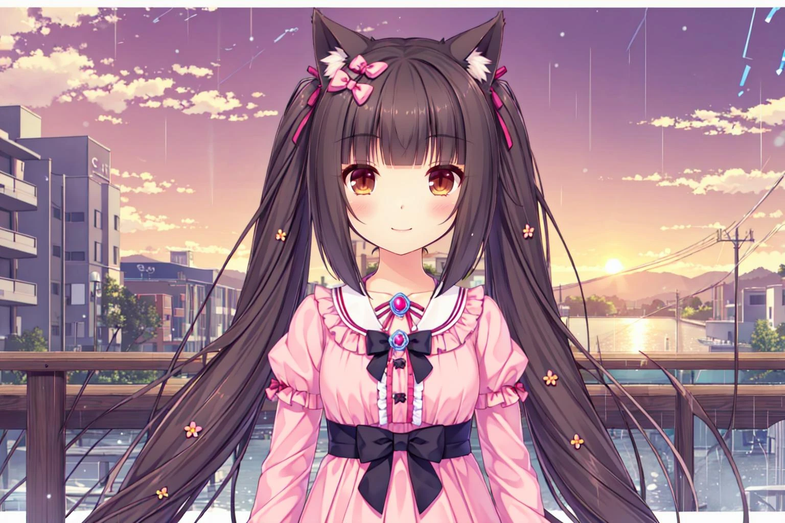 <lora:super-choko-Gnsurh-v1:0.8>,choko,xiangcao, brown eyes, 1girl, animal ears, tail, cat ears, cat tail, brown eyes, long hair, solo, smile, twintails, ribbon, very long hair, black hair, bow, ^_^,(flower rain:1.2)ï¼ blush, hair ribbon, low twintails, hair bow, sunset,light sun,1girl, animal ears, solo, open eyes, long hair, , cat ears, twintails, bangs, bow, cat girl, hair bow, outdoors, blush, animal ear fluff, closed mouth, brown hair, striped bow, low twintails, very long hair, smile, facing viewer, sky, blue bow, cloud, upper body, pink dress, dress, long sleeves, striped, sunset, frills, blunt bangs, center frills, power lines, brooch, sun, day, building, cloudy sky, sunrise, jewelry, blue sky, utility pole, railing, virtual youtuber, shirt, bridge, small breasts,raised, architecture, frilled dress, house, breasts, twitter username, gem, lamppost, sidelocks, water, snow, mountain, town, flat chest, east asian architecture, standing,,flower_sea