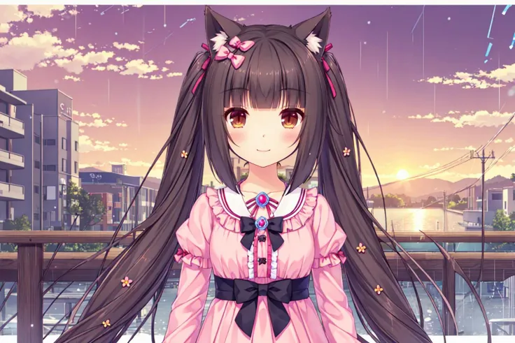 <lora:super-choko-Gnsurh-v1:0.8>,choko,xiangcao, brown eyes, 1girl, animal ears, tail, cat ears, cat tail, brown eyes, long hair, solo, smile, twintails, ribbon, very long hair, black hair, bow, ^_^,(flower rain:1.2)ï¼ blush, hair ribbon, low twintails, hair bow, sunset,light sun,1girl, animal ears, solo, open eyes, long hair, , cat ears, twintails, bangs, bow, cat girl, hair bow, outdoors, blush, animal ear fluff, closed mouth, brown hair, striped bow, low twintails, very long hair, smile, facing viewer, sky, blue bow, cloud, upper body, pink dress, dress, long sleeves, striped, sunset, frills, blunt bangs, center frills, power lines, brooch, sun, day, building, cloudy sky, sunrise, jewelry, blue sky, utility pole, railing, virtual youtuber, shirt, bridge, small breasts,raised, architecture, frilled dress, house, breasts, twitter username, gem, lamppost, sidelocks, water, snow, mountain, town, flat chest, east asian architecture, standing,,flower_sea