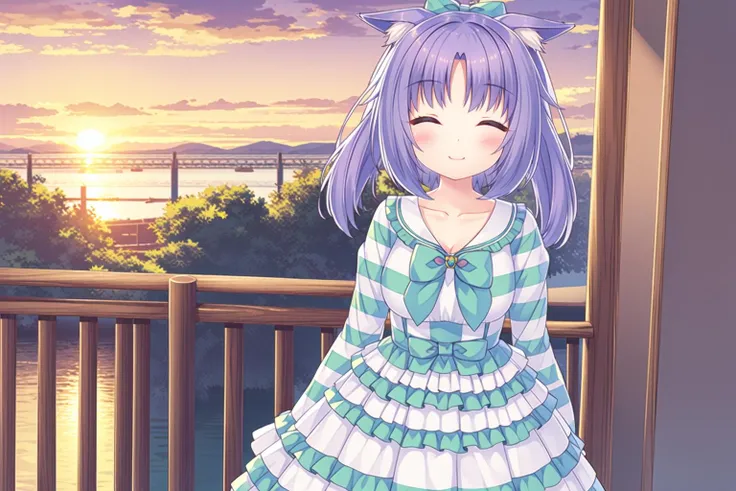 <lora:super-nekogui-v10:1>,nekogui,outdoors, sunset, closed eyes, dress, blue dress, purple hair, sky, bow, 1girl, solo, smile, long sleeves, animal ear fluff, tail, cat tail, closed mouth, hair bow, cat ears, animal ears, long hair, vertical stripes, striped dress, power lines, twintails, cat girl, cloud, white bow, bangs, frilled dress, low twintails, frills, blush, hand up, no humans, striped, vertical-striped dress, facing viewer, collarbone, railing, sun