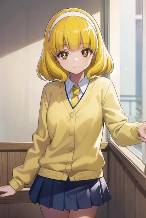 yayoikise, <lora:yayoi kise s1-lora-nochekaiser:1>,
yayoi kise, short hair, blonde hair, (yellow eyes:1.3), hairband, white hairband, smile,
BREAK skirt, school uniform, socks, cardigan, nanairogaoka middle school uniform, yellow cardigan, pleated skirt, blue skirt,
BREAK indoors,classroom,
BREAK looking at viewer, dynamic pose,
BREAK <lyco:GoodHands-beta2:1>, (masterpiece:1.2), best quality, high resolution, unity 8k wallpaper, (illustration:0.8), (beautiful detailed eyes:1.6), extremely detailed face, perfect lighting, extremely detailed CG, (perfect hands, perfect anatomy),