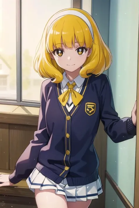yayoikise, <lora:yayoi kise s1-lora-nochekaiser:1>,
yayoi kise, short hair, blonde hair, (yellow eyes:1.3), hairband, white hairband, smile,
BREAK skirt, school uniform, socks, cardigan, nanairogaoka middle school uniform, yellow cardigan, pleated skirt, blue skirt,
BREAK indoors,classroom,
BREAK looking at viewer, dynamic pose,
BREAK <lyco:GoodHands-beta2:1>, (masterpiece:1.2), best quality, high resolution, unity 8k wallpaper, (illustration:0.8), (beautiful detailed eyes:1.6), extremely detailed face, perfect lighting, extremely detailed CG, (perfect hands, perfect anatomy),